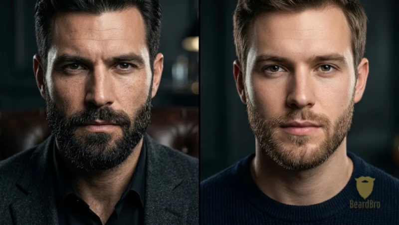 Left side: a man with a square jawline and very thick, dark, coarse beard hair. Right side: a man with an oval face and softer, light-brown, fine-textured beard